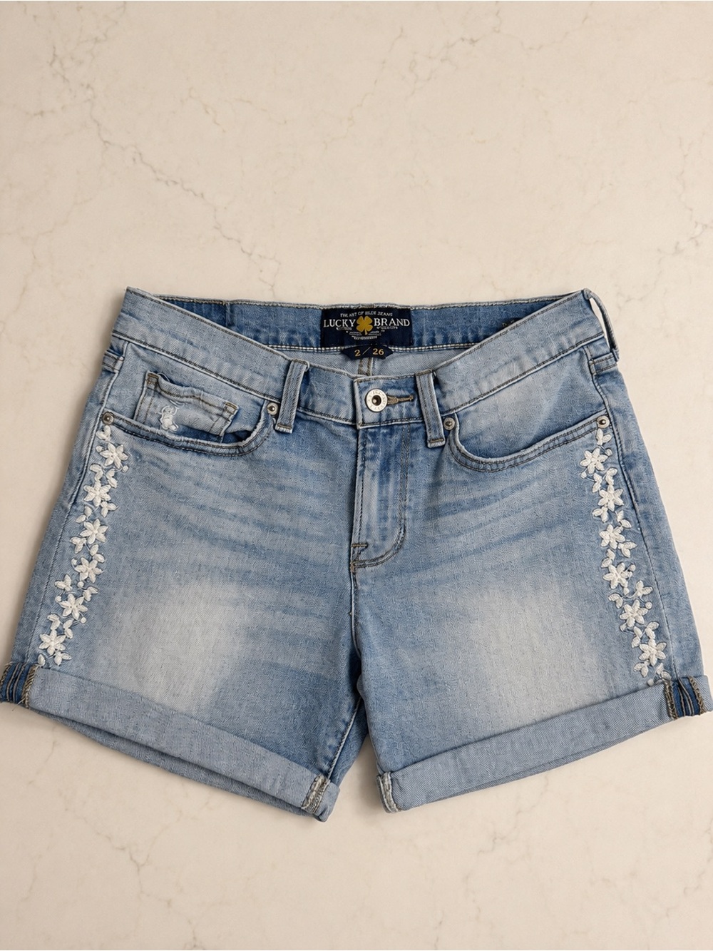 Lucky Brand Tie Roll Up Floral Embroidered Denim Shorts Size 2/26